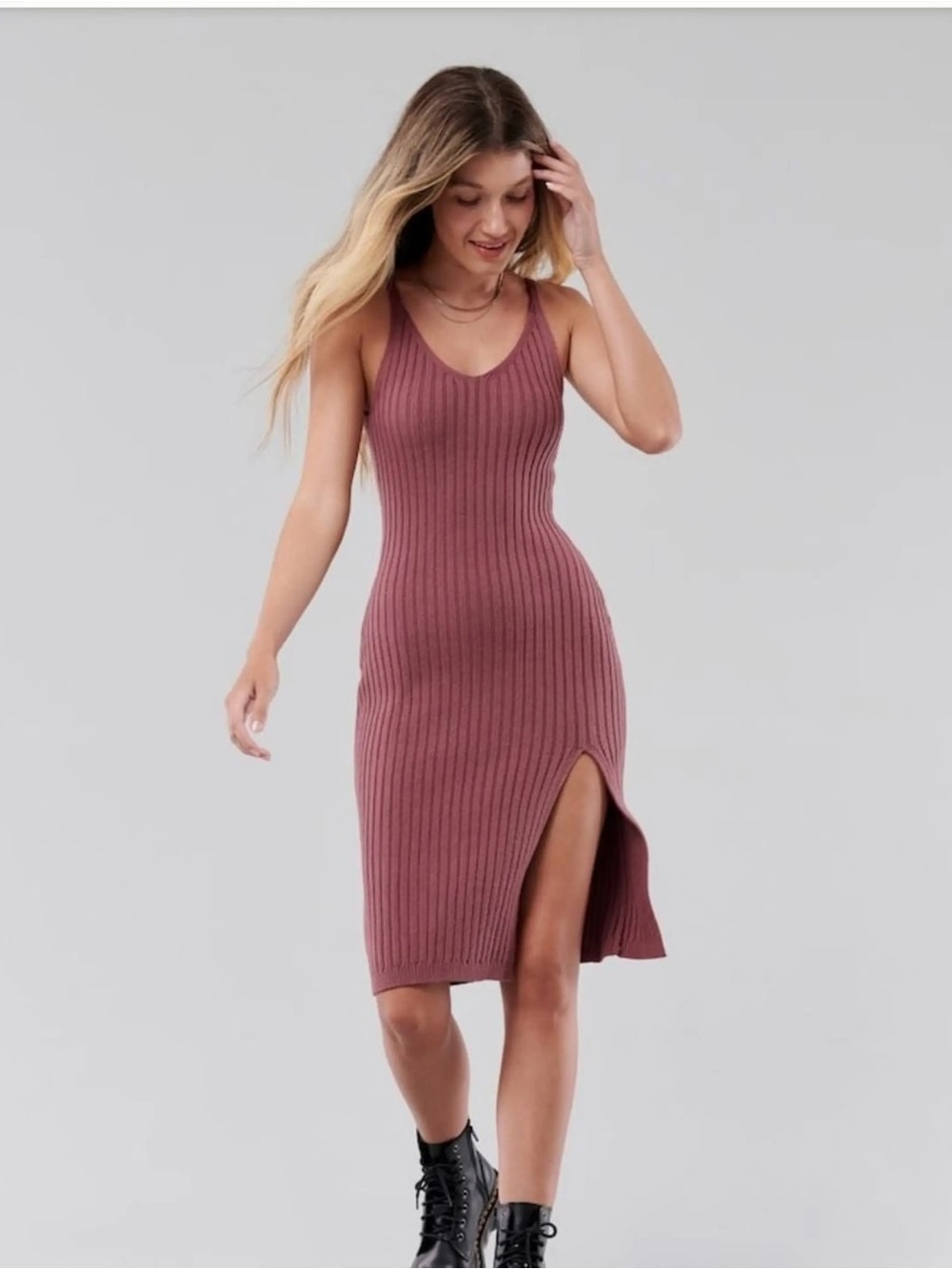 Hollister Ribbed Midi Tank Dress in Mauve
